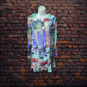 Michael Tyler Womens Button Up Tunic Dress Small Abstract Print Long Sleeve